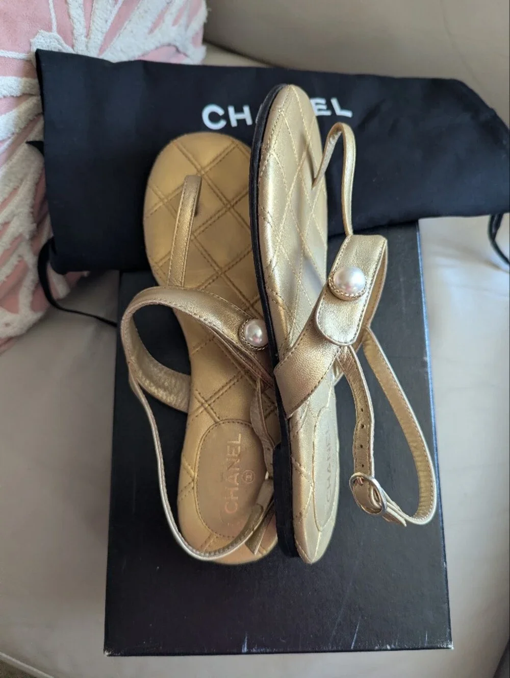 CHANEL Metallic Gold Quilted Leather Slingback Sandals